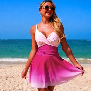 Details eines rosa Farbverlauf-Badeanzugs mit V-Ausschnitt und ausgestelltem Rock am Strand