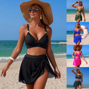 Women Sexy 3 Piece Bikini Set Solid Nylon Padded High Waist Swimsuit With Mesh Cover Up Sarong Skirt For Beach Vacation