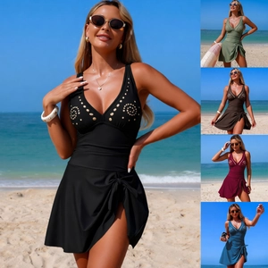 Maillot de Bain Une Pièce Sexy pour Femmes Ajouré Col en V Robe de Bain Gainante Couleur Unie Maillot pour Vacances