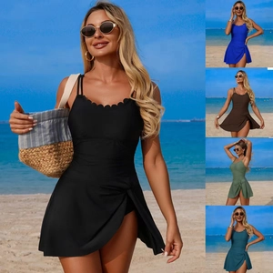 Detail of elegant ruffled neckline and wrap skirt on a slim fit women's one-piece swimsuit