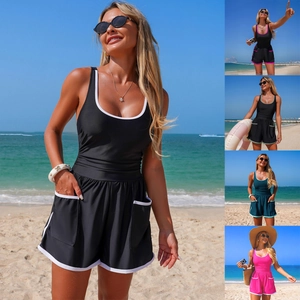Maillot de Bain Une Pièce Sportif pour Femmes Conservateur Couleur Unie Bordure Contrastée Maillots de Bain Athlétiques Avec Poches Tankini