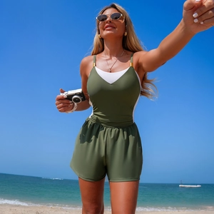 Olive green one-piece swimsuit featuring white contrast trim and V-neckline details