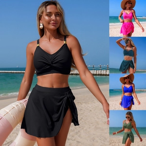 Women Sexy Solid Color Nylon Bikini Top And High Waist Side Tie Wrap Skirt Beachwear Bathing Suit For Vacation Resort