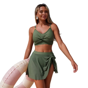 Three-piece army green bikini set with high waist bottom and matching tie-up skirt cover-up