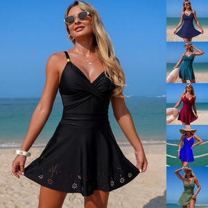 Costume da Bagno Intero Sexy da Donna con Orlo Floreale Intagliato al Laser Scollo a V Incrociato in Nylon ad Alta Elasticità