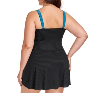 Vue arrière du maillot de bain grande taille côtelé noir avec bretelles contrastées bleu