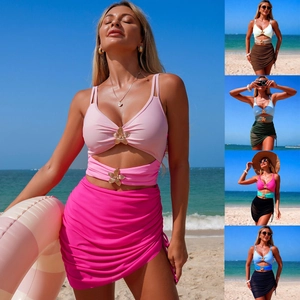 Women's Sexy Cut Out One Piece Swimsuit With Metal Flower Buckle Color Block Monokini And Ruched Mesh Beach Skirt Set