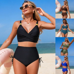Bikini Femmes Haut Et Bas Taille Haute Sportif Couleur Unie Maillot De Bain Avec Anneau Métallique Et Cordon Latéral