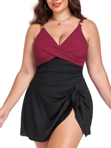 Maillot de Bain Robe Une Pièce Grande Taille pour Femmes Nervuré Col en V Croisé Avec Boucle Dorée Contrôle du Ventre