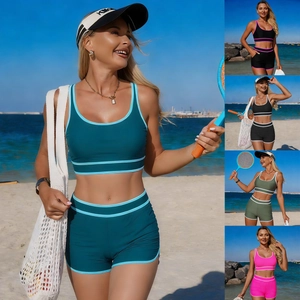 Costume da Bagno Due Pezzi Sportivo da Donna Bordino a Contrasto Bikini a Vita Alta in Nylon Patchwork Elastico Mare