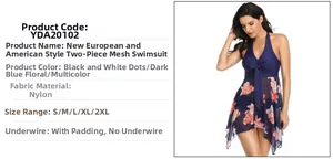 Detail view of navy blue floral bikini set with mesh skirt and sizing chart display