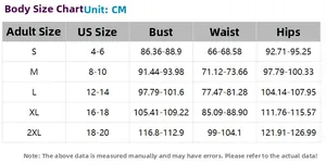 Detailed size chart for plus size swimwear with US sizes, bust, waist, and hip measurements