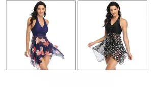 Detail of cross-neck bikini with mesh floral and polka dot sheer skirt overlay