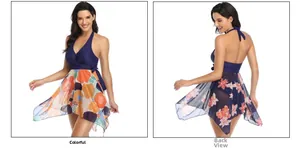 Front and back views of navy halter swimsuit with colorful floral skirt details