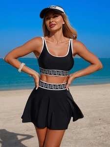 Women Sporty Swimsuit Contrast Trim Sleeveless Tank Top And High Waist Tennis Skirt Skirted Bottom Swimwear Top And Bottom