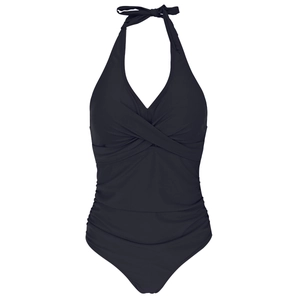 Detailed view of black halter neck one-piece swimsuit with ruched slimming design
