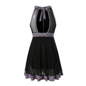 Back view of black one-piece swimsuit with mesh panel and colorful geometric trim