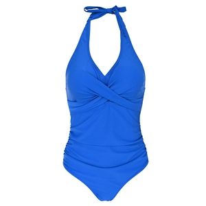 Detail of royal blue one-piece swimsuit featuring a halter neck and ruched front design