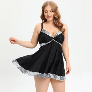Detail of plus size V-neck swimwear with polka dot print trim and twisted bust design