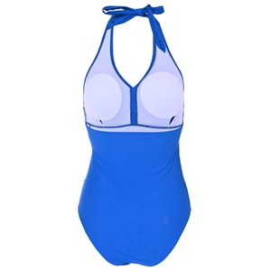 Detail of blue one-piece swimsuit with white mesh splicing and halter neck ties