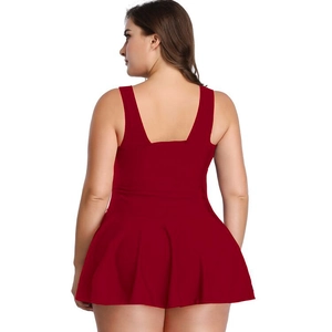 Detailed back view of plus size burgundy swimdress with wide straps and U-shaped open back