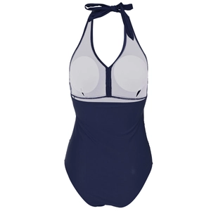 Detail view of navy blue one-piece swimsuit with removable pads and mesh lining