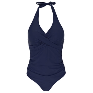 Detail of dark blue one-piece swimsuit featuring a ruched tummy control design and ties