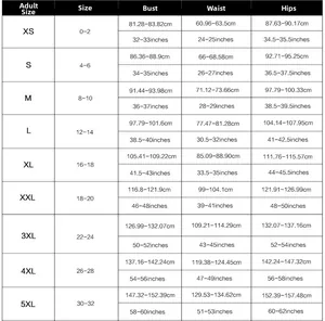 Size guide table for plus size women's swimwear from XS to 5XL with measurements