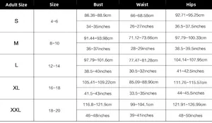 Size chart for women's one-piece swimsuit showing bust, waist and hip measurements in cm and inches