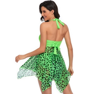 Detail of neon green halter bikini with lace-up back and leopard print mesh skirt overlay