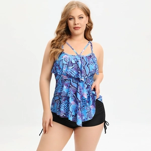 Plus size two-piece swimsuit with snake print ruffled top and black drawstring bottoms