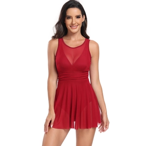 Elegant red one-piece swimdress with V-neck mesh detail and flattering pleated waist
