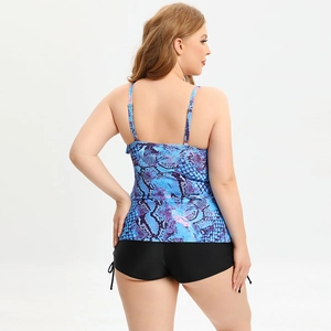 Rear view of plus size tankini with snakeskin print top and black drawstring shorts