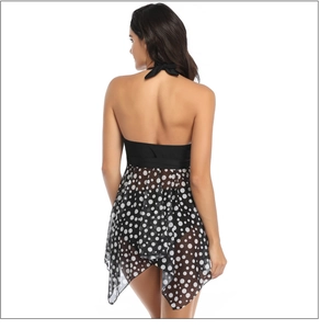 Rear view of plus size black halter swimsuit with polka dot mesh skirt detail