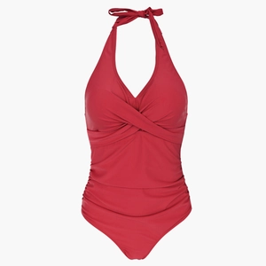 Detail of burgundy halter one-piece swimsuit featuring cross-over wrap and ruched tummy control