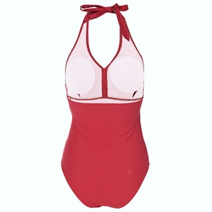 Detail of red one-piece swimsuit featuring inner lining and removable pad slots