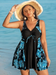 Maillot de bain grande taille à imprimé fleuri avec col en V et détail de cordon de serrage