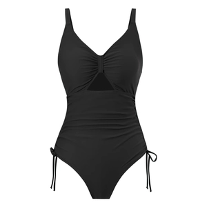 Costume intero nero classico con scollo a V, drappeggio addominale e lacci laterali
