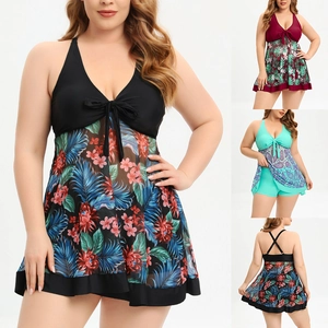 Maillot de Bain Tankini Grande Taille pour Femmes Imprimé Floral Noeud Papillon Haut et Bas Style Jupe Conservateur Vêtement de Plage