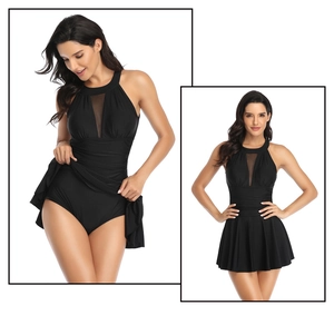 Detail of black halter skirtini with V-mesh neckline and ruched waist design