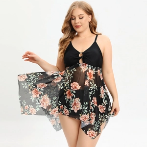Plus size two-piece swimsuit featuring a black mesh dress with elegant floral patterns