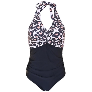 Detail of leopard print halter one-piece swimsuit with ruched slimming belly control panel