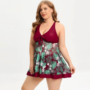 Tankini grande taille bordeaux avec jupe à fleurs tropicales et nœud décoratif