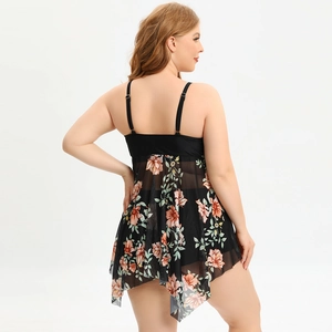 Detail of plus size tankini back with black mesh skirt and floral pattern print