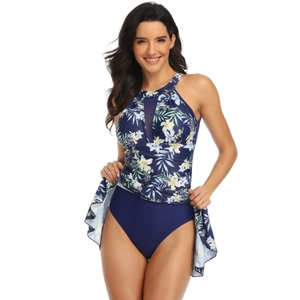 Navy blue tankini top with floral palm leaf print and mesh neckline detail
