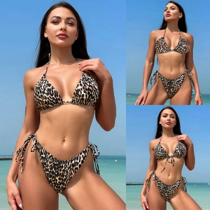 Women Sexy Polyester Bikini Halter Triangle Top Side Tie High Cut Bottom Leopard Tie Dye Floral Print Beach Swimwear