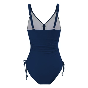 Dettaglio costume intero blu navy con spalline regolabili e coulisse arricciata sul retro