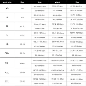 Size chart for women's one-piece swimwear featuring measurements for XS to 5XL in cm and inches