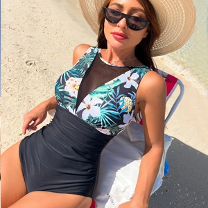 Maillot de bain une pièce pour femme avec imprimé tropical, col en V et effet amincissant