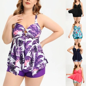 Maillot de Bain Tankini Grande Taille Femme Haut et Bas Volants Imprimé Tropical Nylon Conservateur Plage